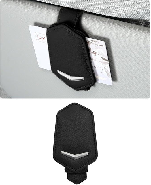 Dickno Sunglasses Holder for Car Sun Visor, Magnetic Leather Glasses Hanger Mounted with Ticket Card Clip, Universal Vehicle Interior Accessories for Different Size Eyeglasses (Black)