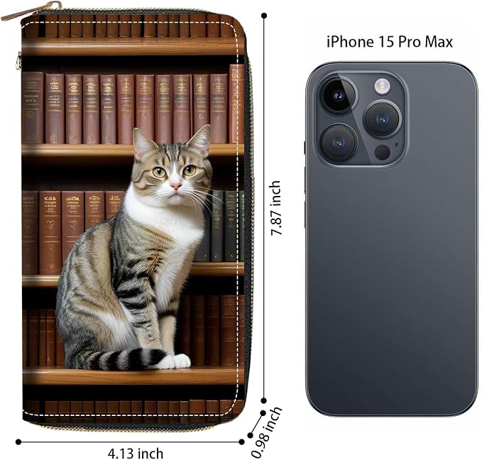 Women's Large Capacity Wallet PU Leather Zip Around Clutch Purse Multifunctional Wallet with Removable Wristlet Strap for Smart Phone/Coin/Card/Cash, Cat On Bookshelf