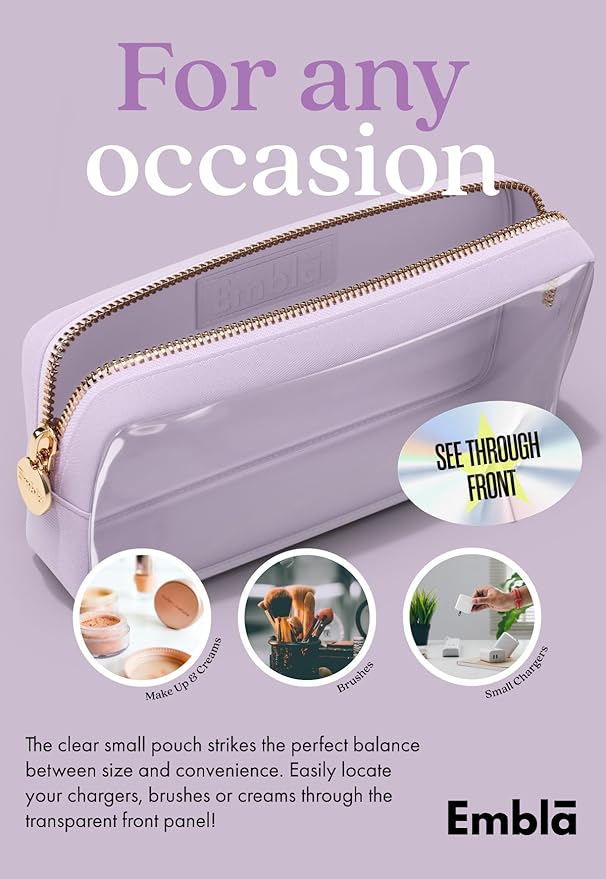 Embla Medium Clear Makeup Bag Travel for Toiletries Cute Make Up Nylon Organizer Pouches Quart Size Cosmetic Bags for Women Girls Zipper Toiletry Skincare Pouch Organizer for Purse Lavender