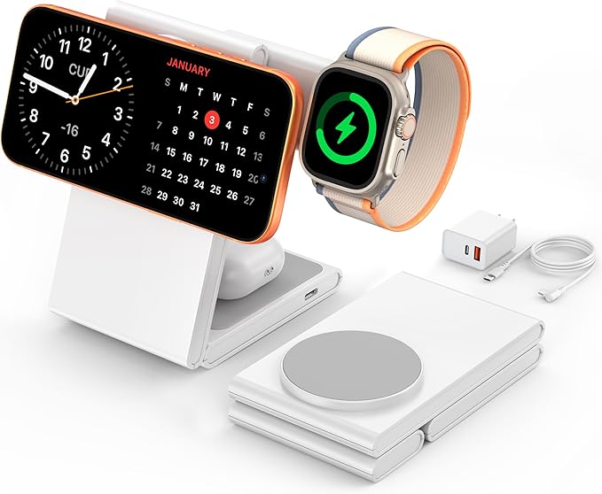 New Travel Foldable 3 in 1 Wireless Charging Station for Apple Magsafe Charger Stand,Fast Magnetic Wireless Charger Station for iPhone 17 Air 16 15 14 13 12 Series,Airpods Pro,Apple Watch Ultra-White