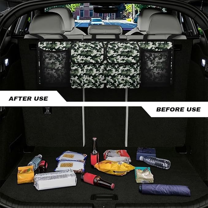 Camo Print Hanging Trunk Organizer with Adjustable Strap, Back Seat Organizer for SUV, Waterproof Collapsible Cargo Storage Bag Backseat Storage Organizer Bag Keep Your Trunk Neat