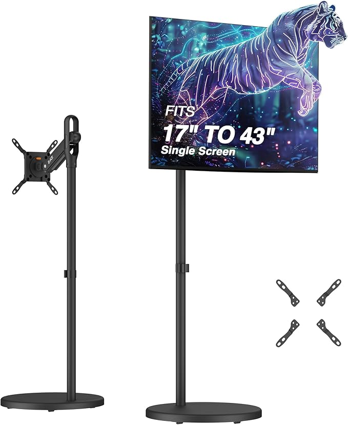 AVLT Single 17 to 43 Inch Portable Monitor Arm TV Rolling Stand with Heavy Base for Screens Up to 22 lbs, Mechanical Spring Height Adjustment, Screen Rotation, Mobile Low Profile Caster Wheel, Black