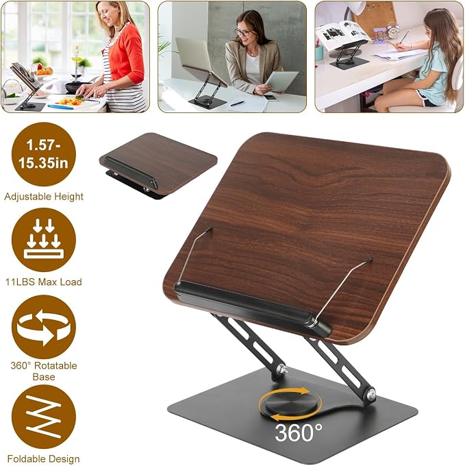 Adjustable Book Stand, 360° Rotating Laptop Stand, Foldable Reading Desk Holder, Ergonomic Multi-Purpose Tablet Stand, Height Adjustable Workstation Riser