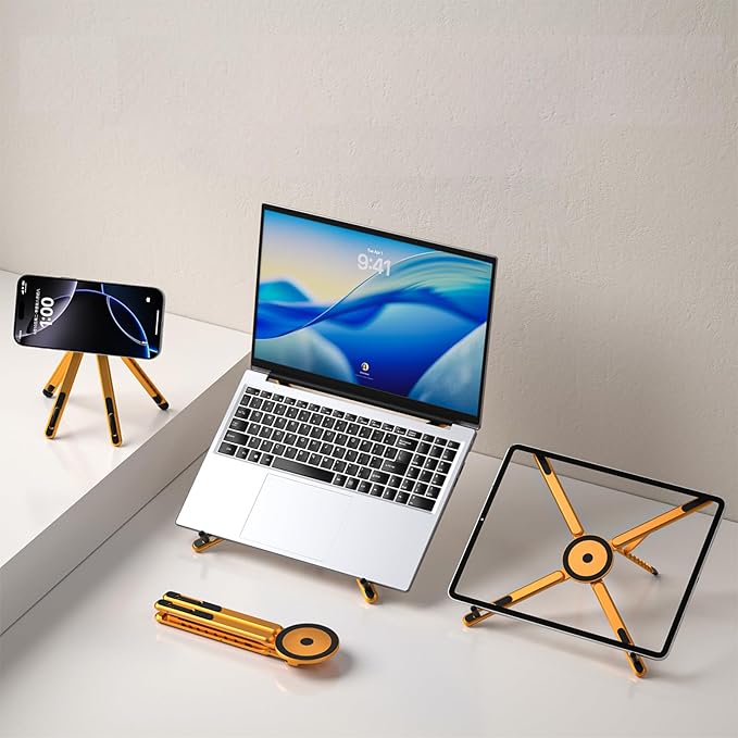 Laptop Stand for Desk, Foldable Aluminum Alloy Magnetic Computer Riser, Ergonomic 8-Level Adjustable Height Travel Laptop Holder,Multi-Functional Stand for 10–16"Laptop,4–13" Tablet and Phone