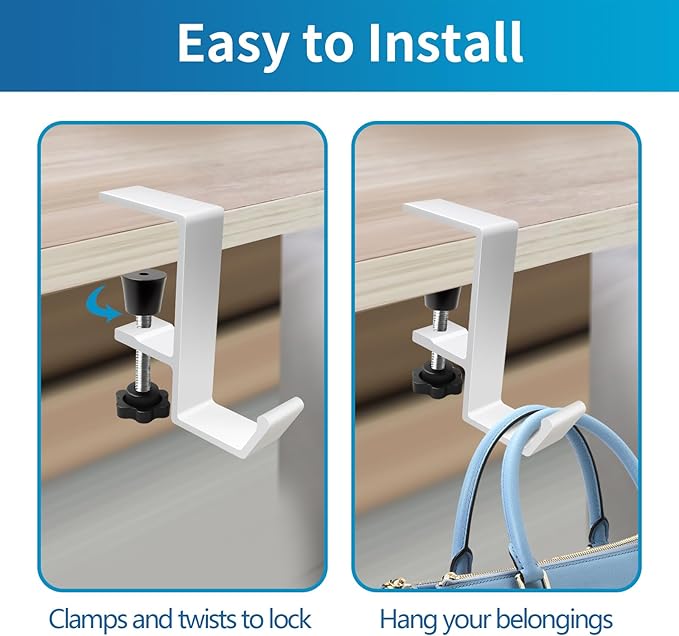 Desk Mount Bag Holder Hook Clamp,On Backpack Hanger Portable Desk Mount Headphones Holder for Reduce Desk Clutter Table Desk Table Hanging Storage (Single Hook White)