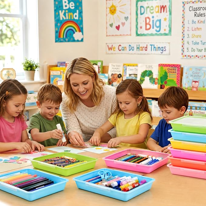 12 Pack Flat Storage Paper Tray with Clear Latching Lid Letter Size Organizer Bin Tray Plastic Latching File Organizer for Classroom Library School Office Teacher Desktop Book Organization (Pastel)