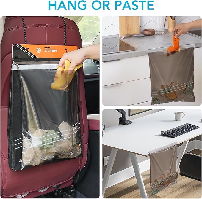 50 Pcs Disposable Car Trash Bags – Leakproof & Odor-Lock 2 Gallon Hanging Auto Garbage Bags – Hanging from Headrest/Easy Stick-On Trash Can for Car, Truck, SUV, Travel & Ride-Share