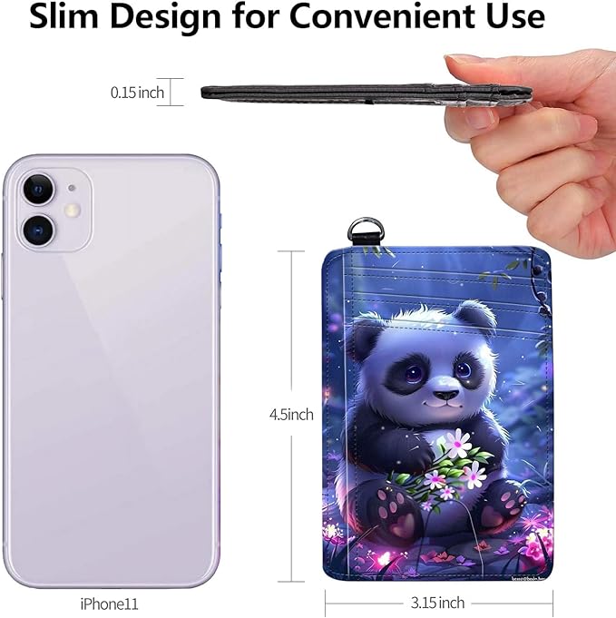 Slim RFID Blocking Card Holder Wallet with Wrist Strap - Minimalist Front Pocket Wallet, Lovely Panda Design, PU Leathe, for Men & Women, Ideal for Travel & Gifts