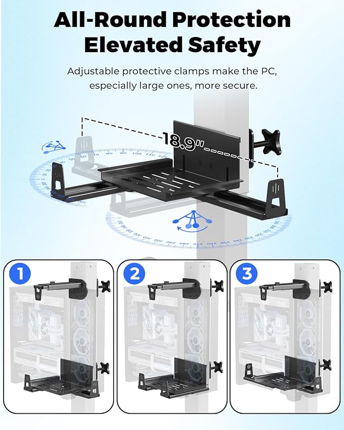 JOY worker No Drilling Under Desk PC Mount for Standing Desk, Clamp-On Desk Leg Computer Mount with Extra Protective Arms, Adjustable Computer Case CPU Holder Holds Up to 44lbs, Black