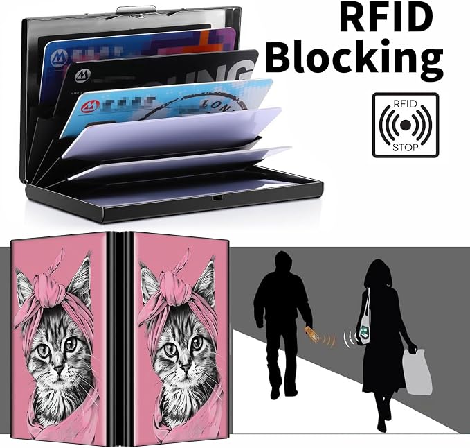 Metal Wallet, Credit Card Holder for Women Men Girls, RFID Blocking Aluminum Wallet Slim Hard Case, Mini Travel Wallet, ID Card Holder Business Card Case,Cat Pink