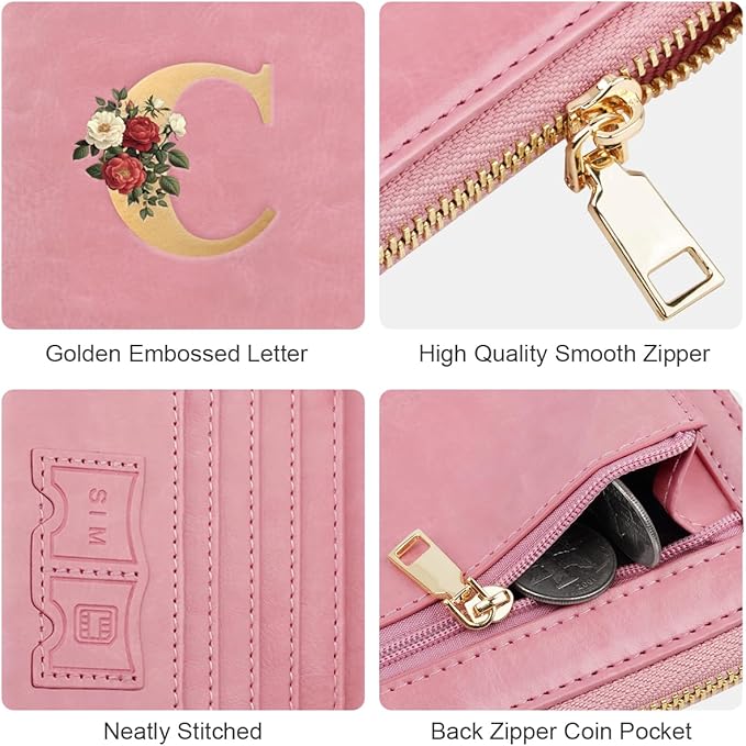 Passport Holder for Travel Personalized Passport Holder Initial Letter Rose Flower RFID Blocking Travel Wallets Credit Cards Holder for Women Men, Pink C