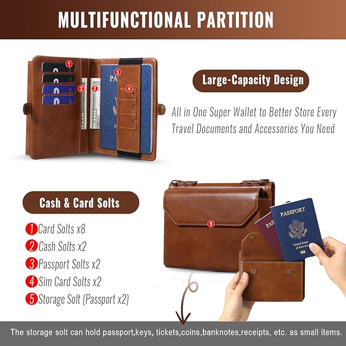 ASAPDOS RFID Blocking Family Passport Holder Wallet,Hold 2-3 Passports for Travel with Credit Card Slots & Wrist Crossbody Strap Brown