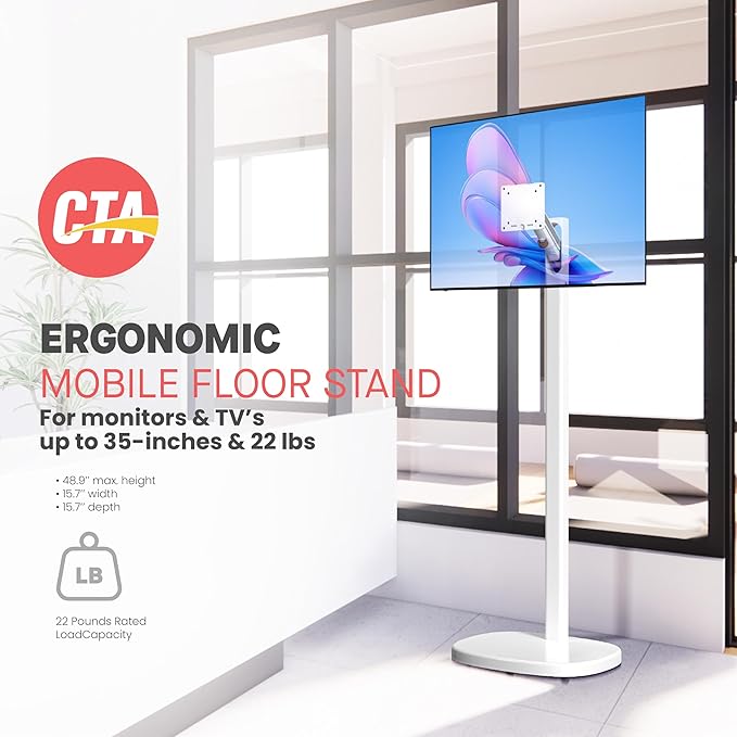 CTA Ergonomic Floor Stand For Monitors & TV?™s Up To 35-inches & 22 lbs - Mobile Stand With Anti-Knockdown Base & Height Adjustable - Commercial Grade - (ADD-MSADFS)