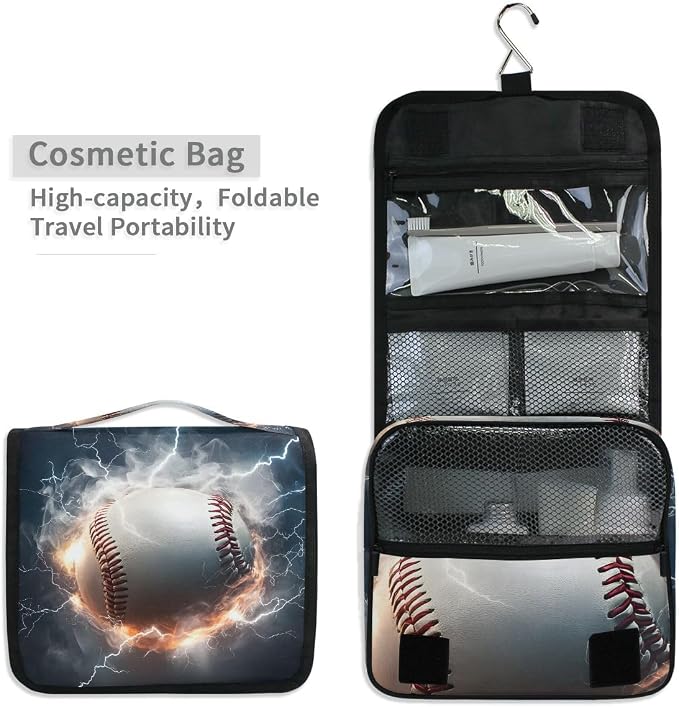 senya Hanging Travel Toiletry Bag Kit Makeup Case Cosmetics Organizer for Men Women (Lightning Baseball)