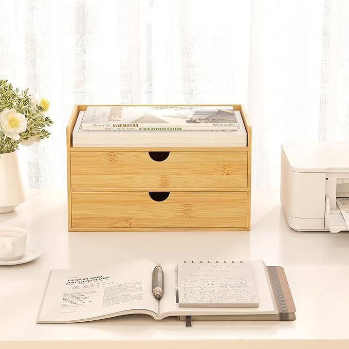 Wisuce Desk Organizer with Drawers - Bamboo Desktop Organizer Storage-Natural Wood Desk Drawers Organizer for Bills, Office Supplies, Cosmetics, Seals No Assembly Required(2 drawers with Shelf)