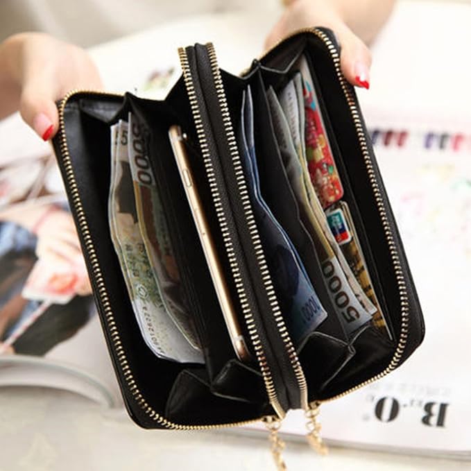 Women Patent leather Handbag Wallet Money Coin Purse Card ID Organizer Double Zip Around Black