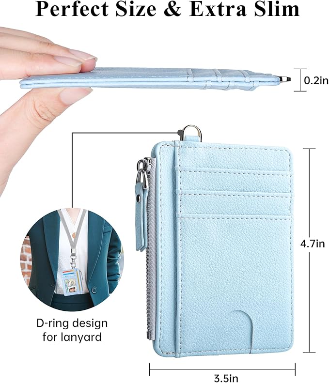 Teskyer Slim Card Holder Wallet with Zip Pocket, RFID Blocking, Total 9 Compartments Large Capacity, 3.5" x 4.7" (Slight Larger Than Usual), Faux Leather - Cyan