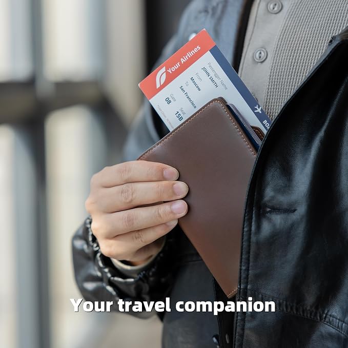 Luxury RFID Blocking Genuine Leather Passport Holder Passport Wallet for Travel (Brown AirTag Slot)