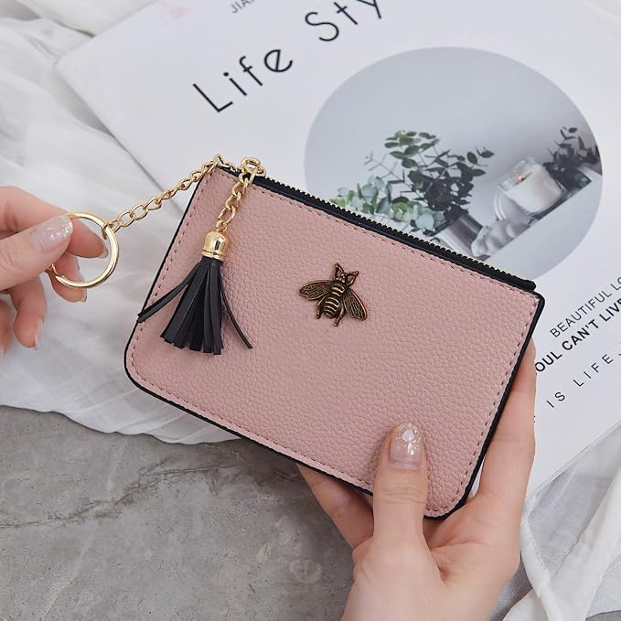 Women's Coin Purse Change Wallet Pouch Leather Card Holder with Key Chain Tassel Zip (Light Pink)