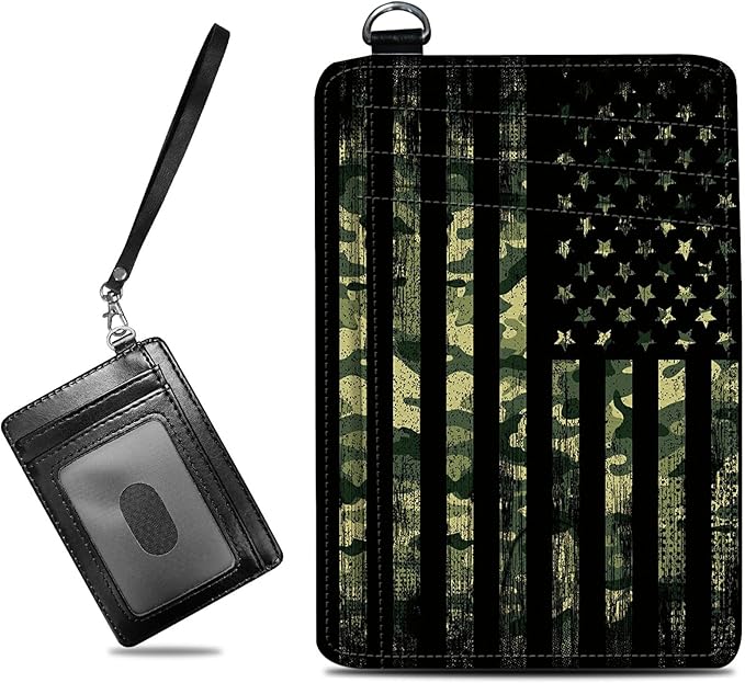 Small Travel Wallets, Military Camouflage American Flag Slim Minimalist Front Pocket Wallet with Wristlet, RFID Blocking PU Leather Credit Card Holder with ID Window Change Purse for Men Women