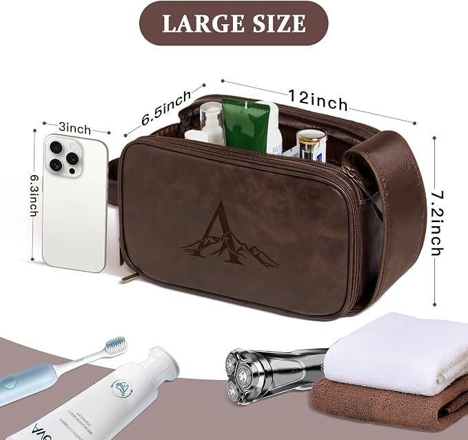 Janhavi Shaving Bag for Men Travel Waterproof, Engraved Initials & Mountain, Make Up Bag,Groomsmen Gifts, Mens Toiletry Travel Bag, Men's Accessories Organizer, Gifts for Him(Dark Brown L)