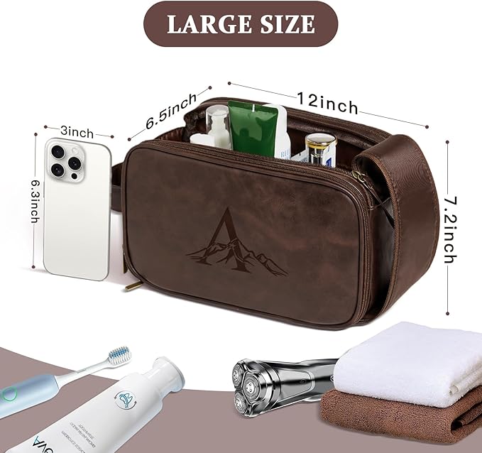 Janhavi Personalized Toiletry Bag for Men, Beach Vacation Travel Essentials, Waterproof Toiletry Bag with Hook, Laser Engraved Initials & Mountain, Shower Bag Birthday Gifts For Him (Dark Brown B)