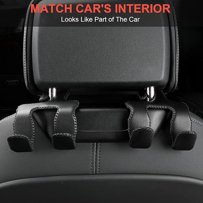 AMVOYOA Car Purse Hook, 2 in 1 Car Seat Headrest Hooks Durable Hanger Storage Holder Leather Organizer for Hanging Grocery Bags, 2 Pack, Brown