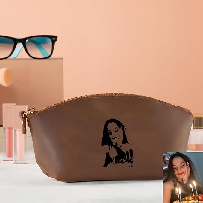 Blade Premium Personalized Genuine Leather Cosmetic Makeup Bag - Wedding Gift for Bridesmaid, Travel Organizer Clutch for Women with Zipper Pouch for Toiletry Essentials (Hazelnut)