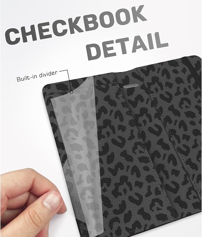 Checkbook Cover for Men Women, Premium Leather Checkbook Holder with RFID Blocking and Built in Clear Plastic Divider for Personal and Business Checks (Leopard-Black)