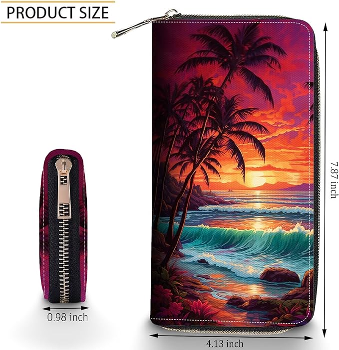 Bxgolkgd Womens Wallet, RFID Blocking Leather Wallet,Large Capacity Wallet Credit Card Holder PU Leather Ladies Clutch with Zipper Coin Pocket - Sunset Palm Tree Beach