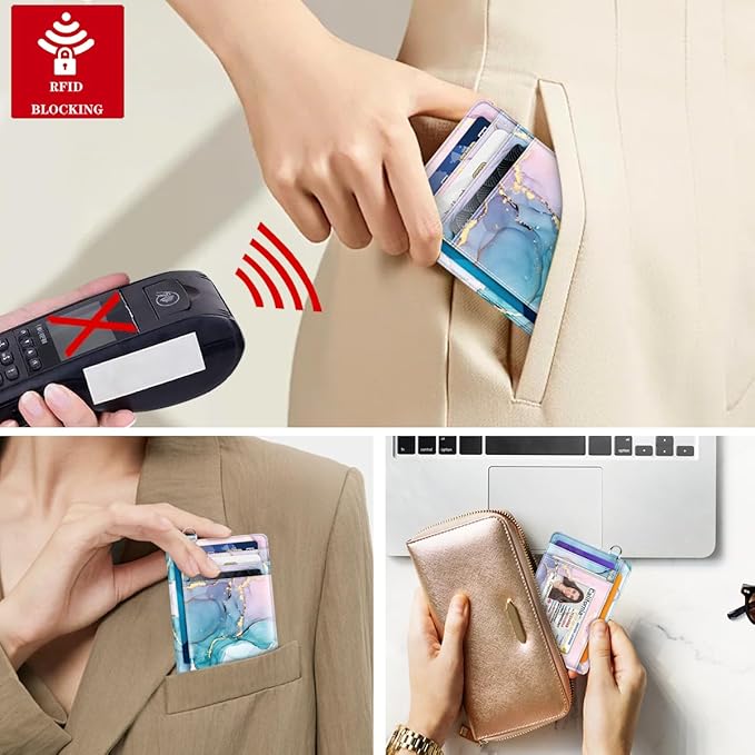 Coco Rossi Slim Front Pocket Wallet RFID Leather ID Card Holder Cute Small Wallet with Keychian for Women,Gradient Marble