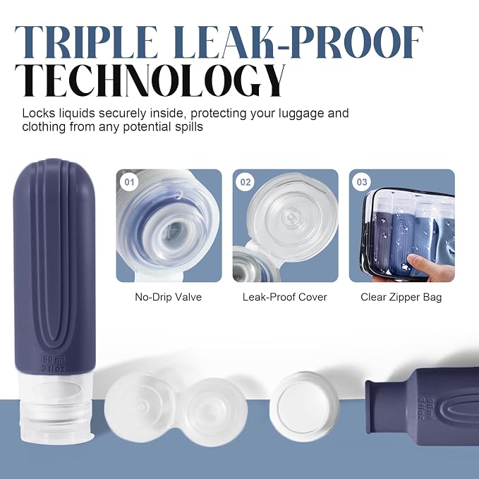Travel Bottles for Toiletries, 3oz TSA Approved Travel Size Toiletries, Silicone Leak-Proof Refillable Containers, Squeezable Liquid Essentials Bottles W/Clear Bag (BLUE)