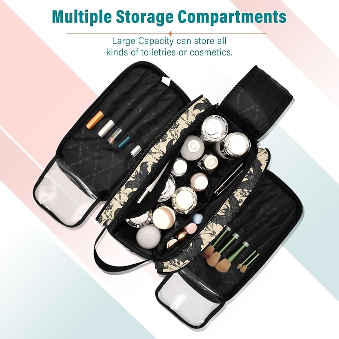 MNSRUU Large Capacity Makeup Bag, Bats and Flowers Vintage Cosmetic Bag Portable Toiletries Pouch with Compartments Makeup Organizer Case for Travel Women