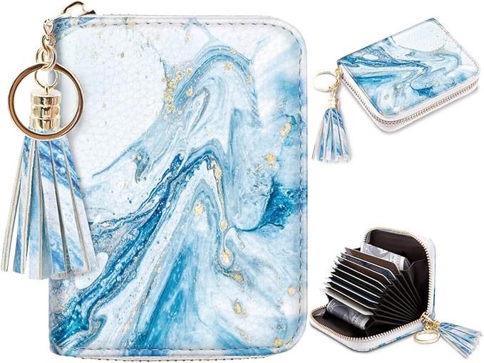 Coco Rossi Leather Credit Card Wallet for Women, RFID Blocking Zipper Cards Holder with Tassel, Blue Marble