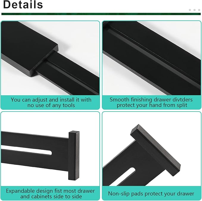 4 Pack Bamboo Drawer Dividers Organizer with Inserts 2.6'' High, Expandable from 12.5-21.7", Adjustable Drawer Organizer Separators for Utensils, Clothing, Office, Dresser, Bedroom, (Black)