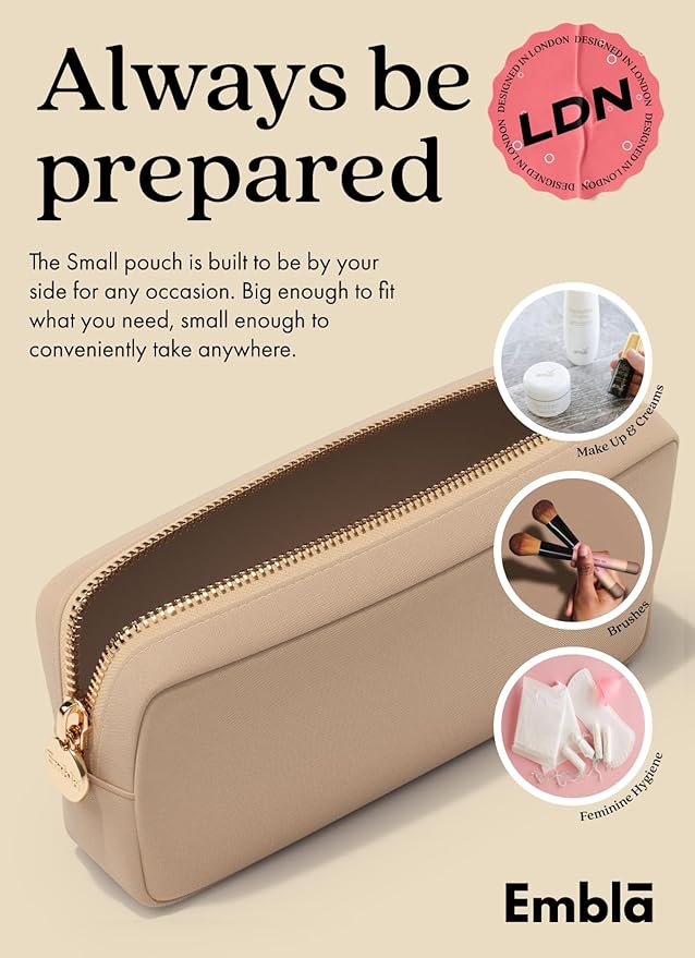 Embla Medium Travel Makeup Bag and Waterproof Nylon Travel Toiletry Bag with Smooth Zipper, Compact Slim Cosmetic Pouch, Beige