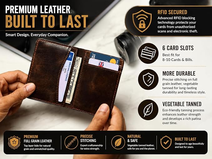 FOXHACKLE Full Grain Leather Credit Card Holder for Men and Women, Slim Bifold RFID Blocking Wallet, Thin Front Pocket Minimalist Wallet, Small Card Case.