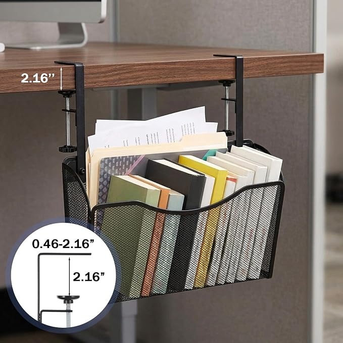 Under Desk Drawer Clamp On Mesh Metal Desk Side Storage Hanging Organizer with Adjustable F-Clamp for Office Home, Black