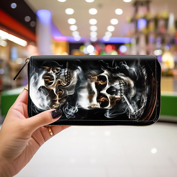 Wallet,Leather Long Wallet Suitable For Ladies And Teenagers - Detachable Wristband + RFID Travel Wallet With Card Slot - Smoking Skull