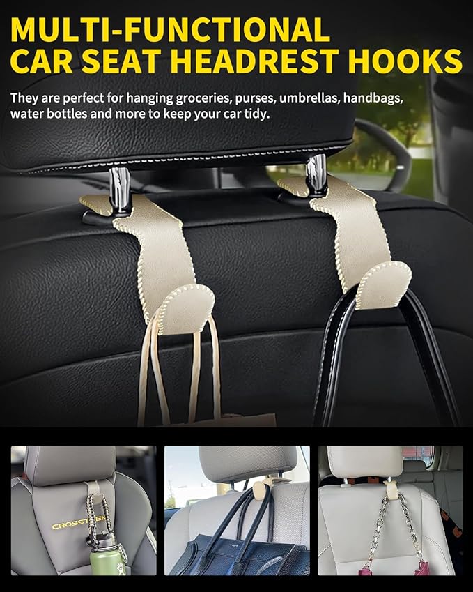 4 Pack Superior Leather Car Seat Headrest Hooks with 44 Pounds Load Capacity, Hangers Storage Organizer Universal Car Interior Accessories for Handbags Water Bottles Umbrellas, Beige
