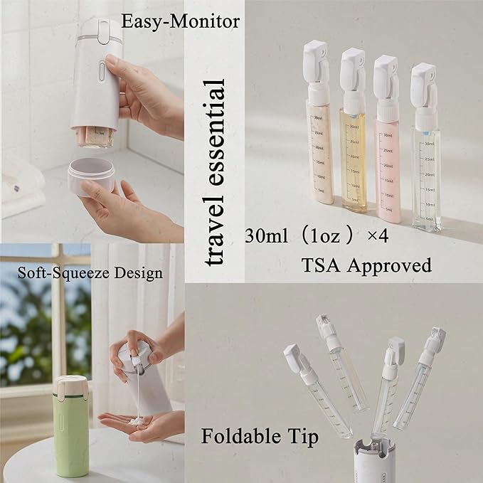 4 in 1 Travel Dispenser Bottle, Leak Proof Refillable Travel Toiletry Containers for Shampoo Lotion Liquid, TSA Approved Travel Bottles Set for Business Trip Camping, 4 x 30ml, White