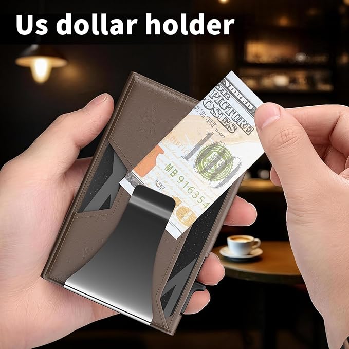 Wallet for Men Slim Minimalist Pop-up Smart Holds 5-6 Cards - RFID Blocking Metal with Money Clip, Credit Card Holder & ID Window,Business Card Cases, men accessories (Coffee)