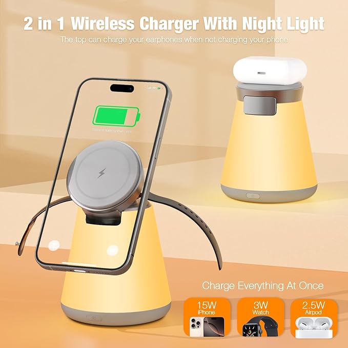 2 in 1 Wireless Charging Station with Night Lamp for Apple Samsung Magnetic Charger, 15W Foldable Portable Wireless Charging Stand for iPhone 17 16 15 14 13 12 Pro Max, Apple Watch