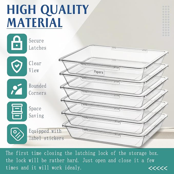 Tinlade 12 Pcs Classroom Paper Storage Bins with Clear Latching Lids Labels, Letter Size Stackable Flat Trays Container Paper Organizer for Teacher Back to School Office Arts Crafts (Clear,13x10in)