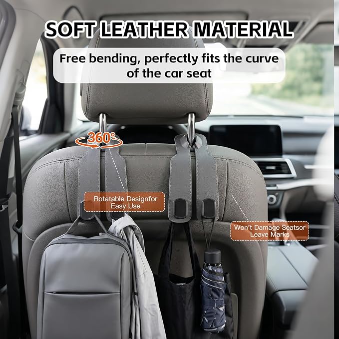 2 Pack Gray Car Headrest Hooks, Universal Car Purse Holder Seat Back Storage Hook, Multifunctional Automotive Interior Organizer for Bags Purses Groceries