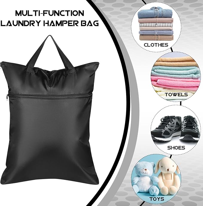 Kingdder 2 Pcs Large Travel Laundry Bag for Dirty Clothes with Handle 18" x 23" Heavy Duty Waterproof Wet Dry Bags with 2 Zippered Pockets for Swimsuit Sports Gym Dorm Towel Home(Black)