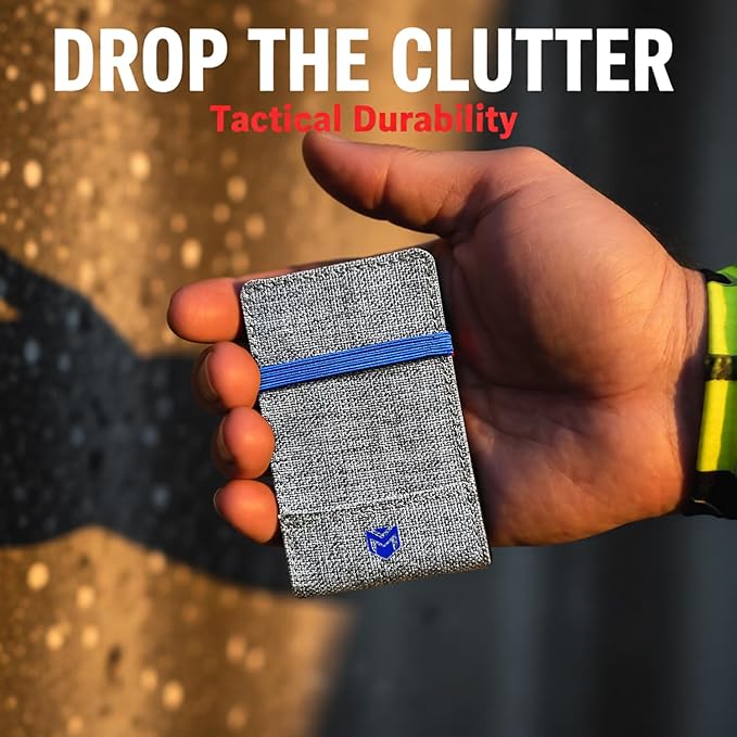 RFID Minimalist Slim Wallet for Men and Women, Holds Up to 12 Cards, Cash, Key Thin and Lightweight Credit Card Holder (Grey Canvas – Azure Edition)