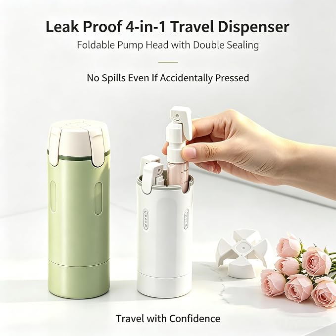 4 in 1 Travel Dispenser, Travel Bottles for Toiletries, No Squeeze Press Dispenser 30ML Leak Proof Travel Containers, Portable Refillable Shampoo Lotion Conditioner Bottles with Labels(2White)
