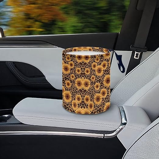 Sunflower Leopard Printed Car Rubbish Bin Portable Driver Garbage Small Mini Can Travel Hanging Garbage Organizer Bag, Large Capacity