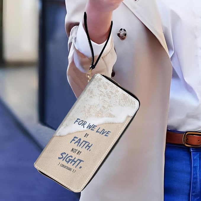 Women's Large Capacity Wallet PU Leather Zip Around Clutch Purse Multifunctional Wallet with Removable Wristlet Strap for Smart Phone/Coin/Card/Cash, Beach Waves Quote 2 Corinthians 5:7